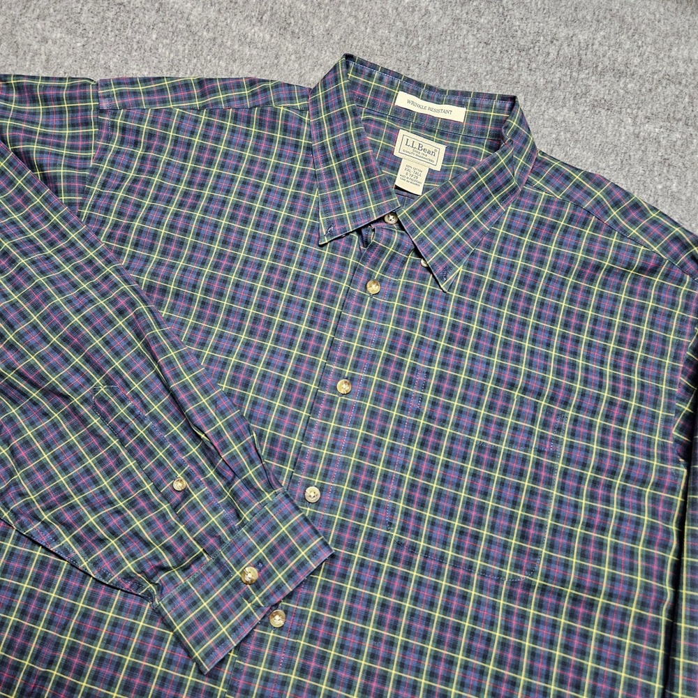 LL Bean Button Down Mens XXL Tall Blue Green Plaid Wrinkle Resistant Cotton
